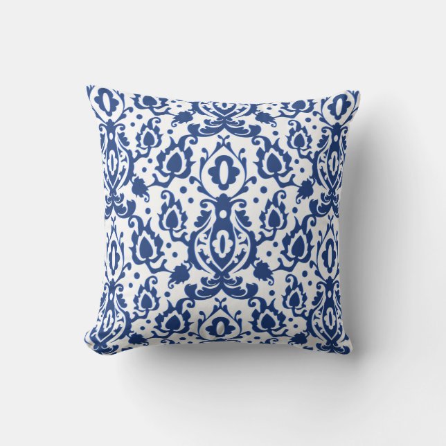 Moroccan Blue Casbah Damask Throw Pillow (Front)