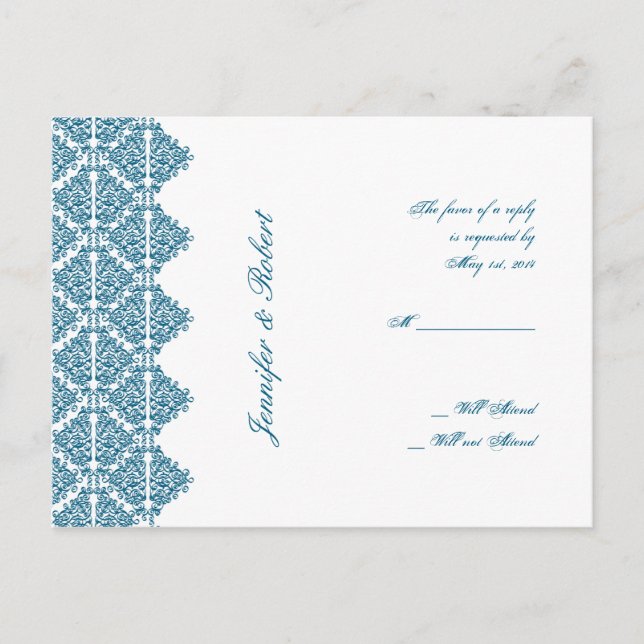 Moroccan Blue Damask RSVP Postcard (Front)