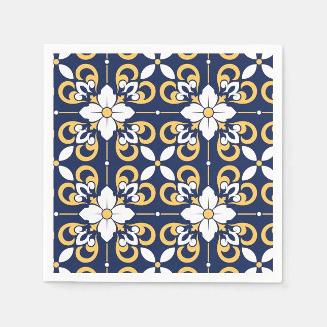Moroccan blue gold geometric decorative tile napkins (Front)