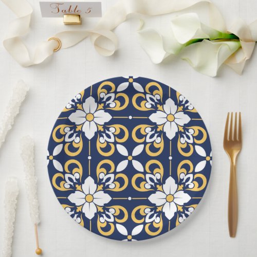 Moroccan blue gold geometric decorative tile paper plates