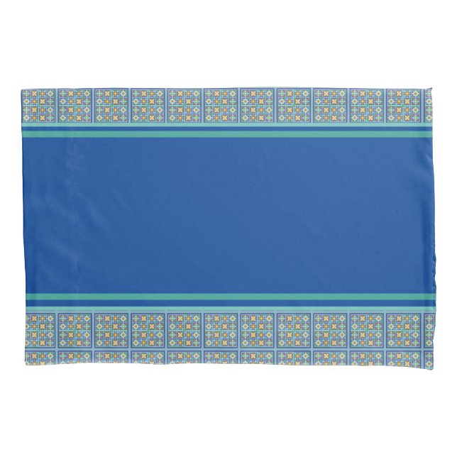 Moroccan blue green terracotta tiled design pillow case (Front)