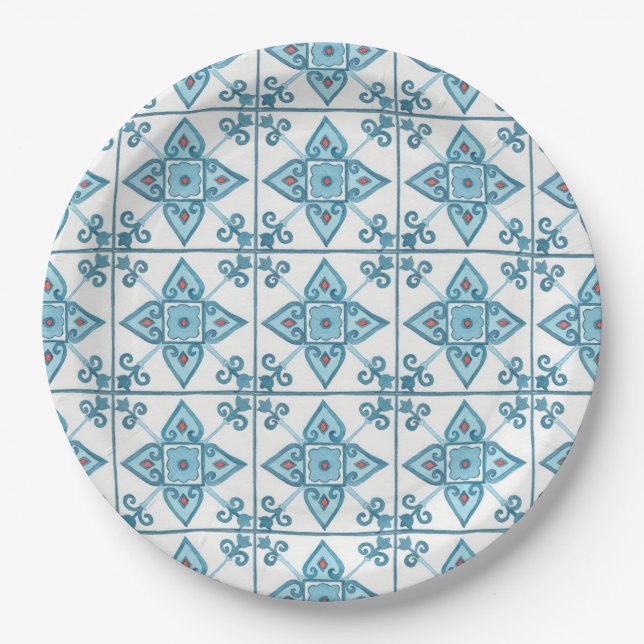 Moroccan Blue Tile Motif Paper Plates (Front)