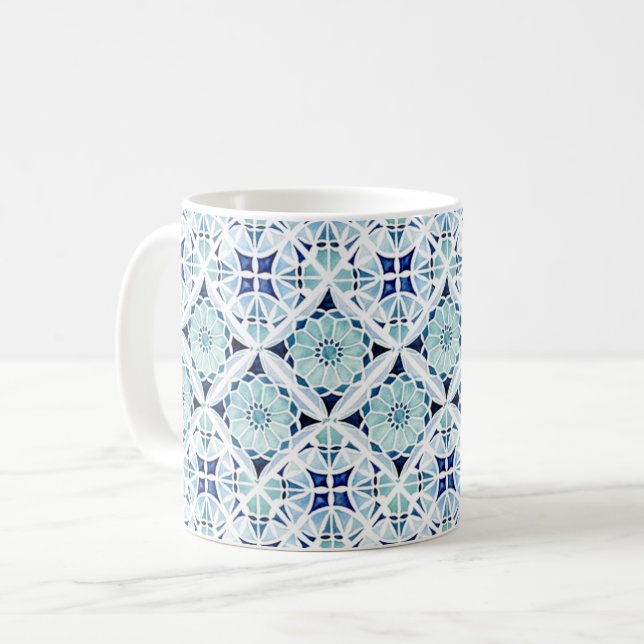 Moroccan blue tile pattern watercolor coffee mug (Front Left)