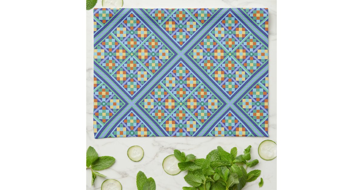 Moroccan blue tiles in pretty diamond pattern kitchen towel Zazzle