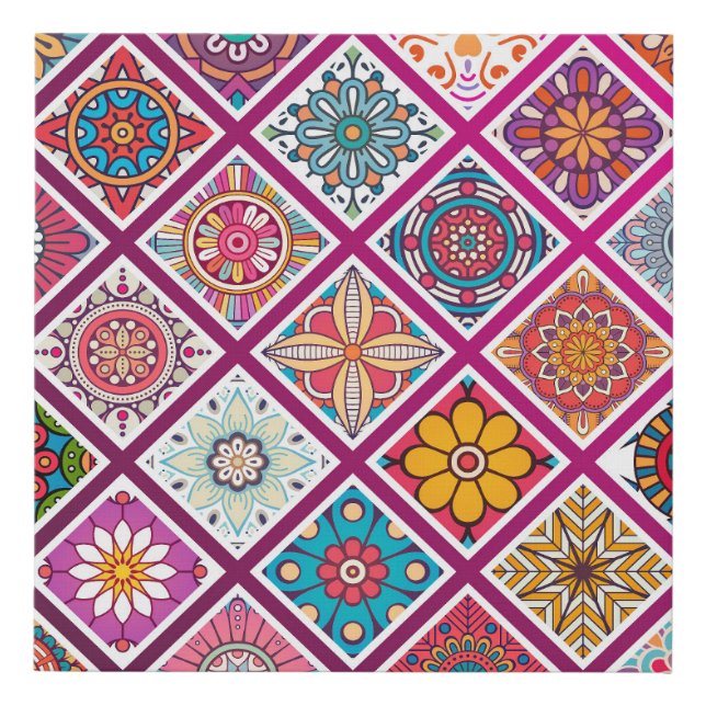 Moroccan Bohemian Mandala Tiles Faux Canvas Print (Front)