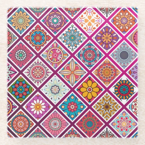 Moroccan Bohemian Mandala Tiles Glass Coaster