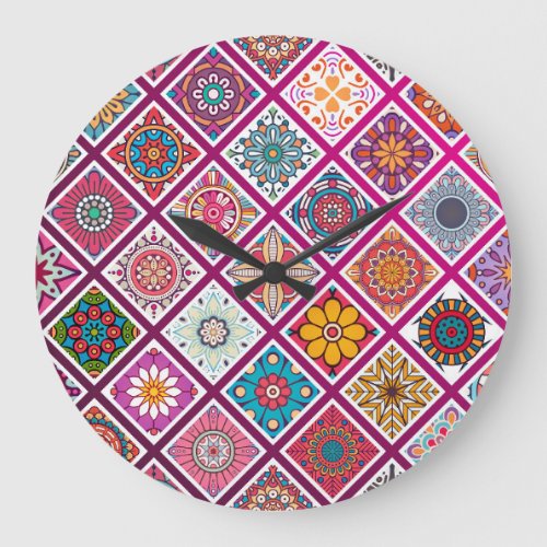 Moroccan Bohemian Mandala Tiles Large Clock
