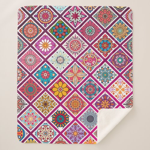 Moroccan Bohemian Mandala Tiles Sherpa Blanket