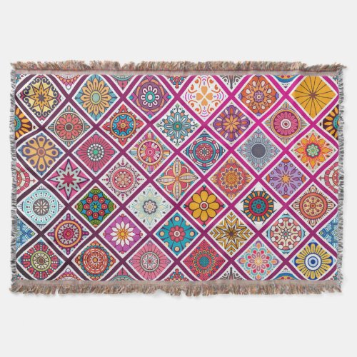 Moroccan Bohemian Mandala Tiles Throw Blanket