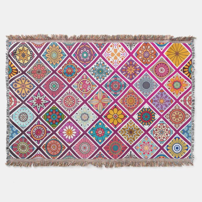 Moroccan Bohemian Mandala Tiles Throw Blanket (Front)