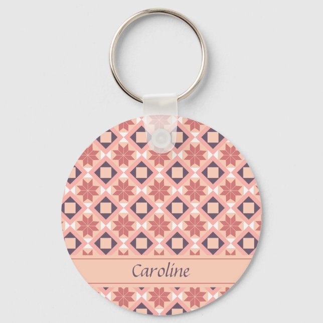 Moroccan Bohemian Pink Flowers Pattern Add Name Keychain (Front)