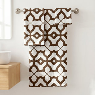 Moroccan Boho Chic Geometric Pattern Brown White  Bath Towel Set