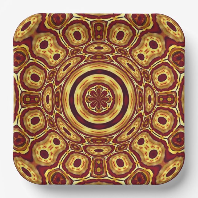 Moroccan Boho Red Gold Abstract Pattern Paper Plates (Front)