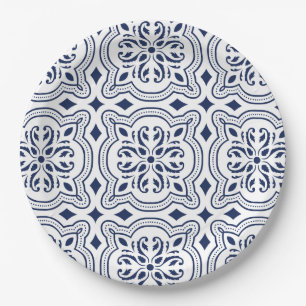 Moroccan bold blue geometric motif paper plates