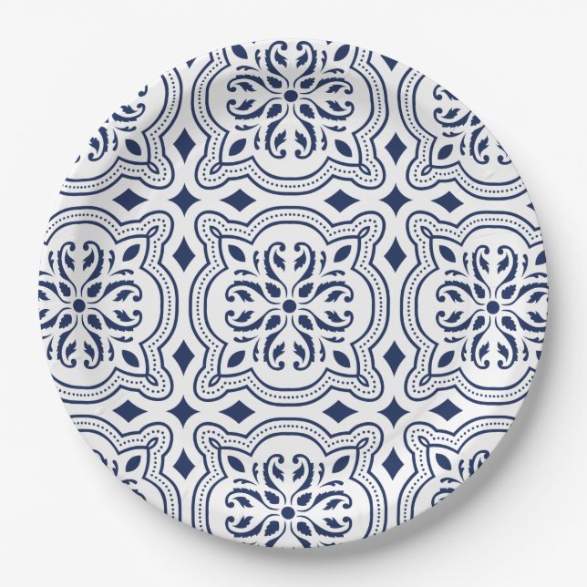 Moroccan bold blue geometric motif paper plates (Front)