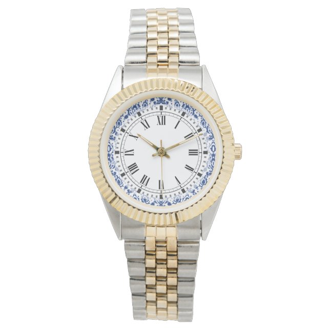 Moroccan Casbah Elegant Blue and White Damask Watch (Front)