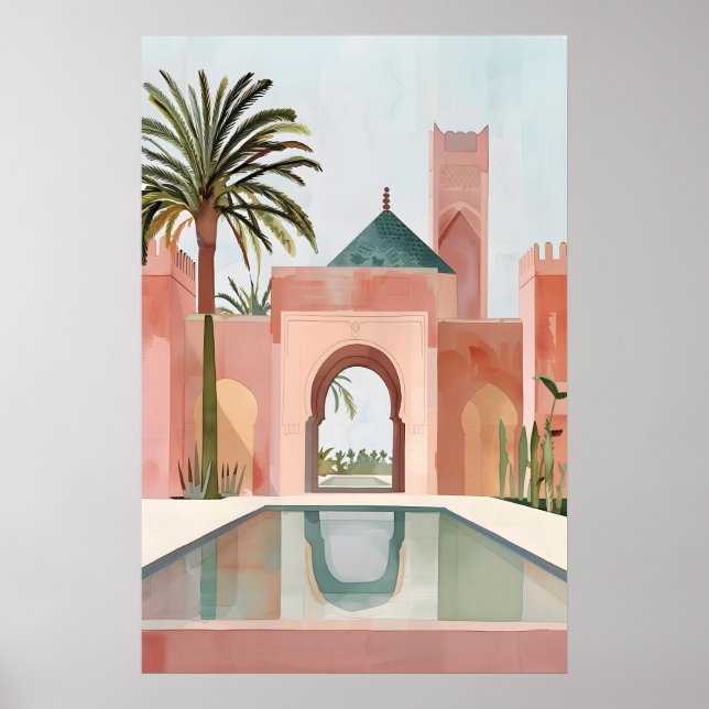 Moroccan Courtyard Art Print Pink Poolside Palm (Front)