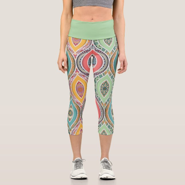 Moroccan ethnic pattern colorful funky art capri leggings (Front)