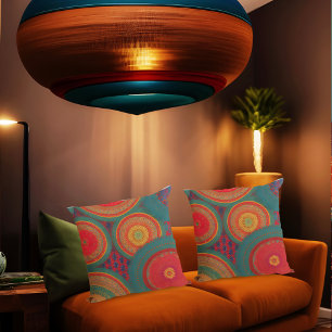 Moroccan exotic red orange blue green circle throw pillow