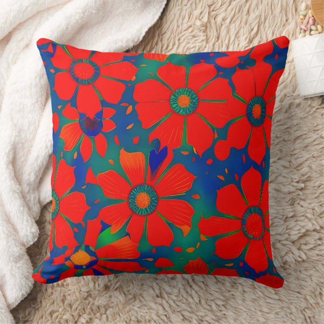 Moroccan exotic red orange blue teal green Floral  Throw Pillow (Blanket)