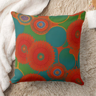 Moroccan exotic red orange teal green Circles  Throw Pillow