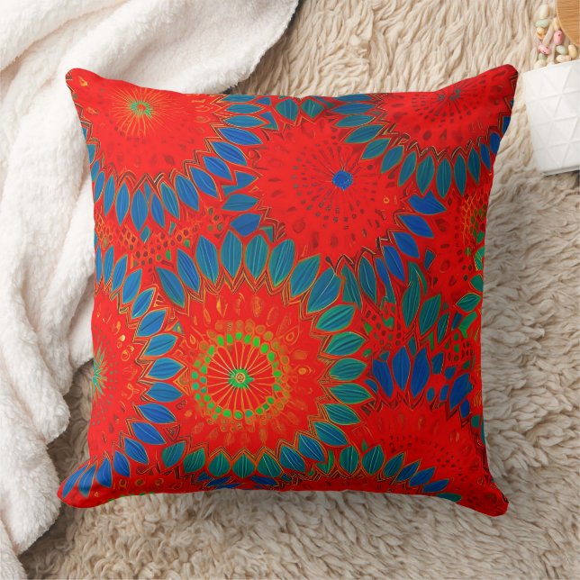 Moroccan exotic red orange teal green Floral Throw Pillow (Blanket)