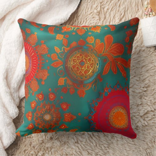 Moroccan exotic rustic gold red orange blue green throw pillow
