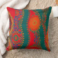 Moroccan fabric exotic red orange blue teal gold 2 throw pillow