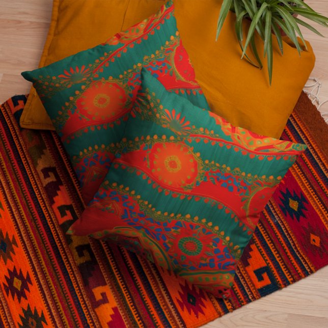 Moroccan fabric exotic red orange blue teal gold  throw pillow (Creator Uploaded)