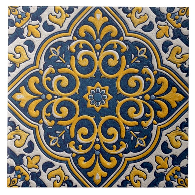 Moroccan Floral Arabesque Blue Yellow Pattern Ceramic Tile (Front)