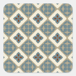 Moroccan Floral Tile Pattern Blue Tan Red Square Sticker