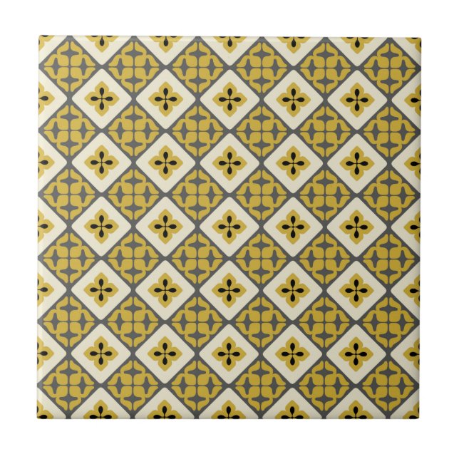 Moroccan Floral Tile Pattern Yellow Grey Black (Front)