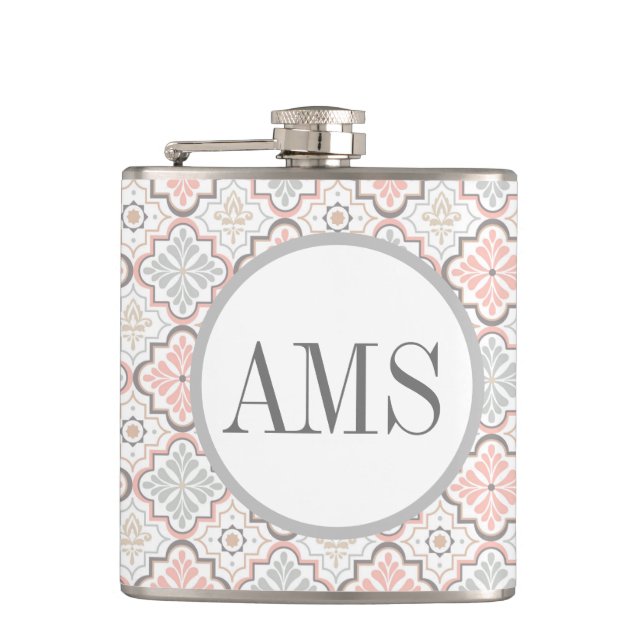 Moroccan Flowers Monogram Personalized Flask (Front)