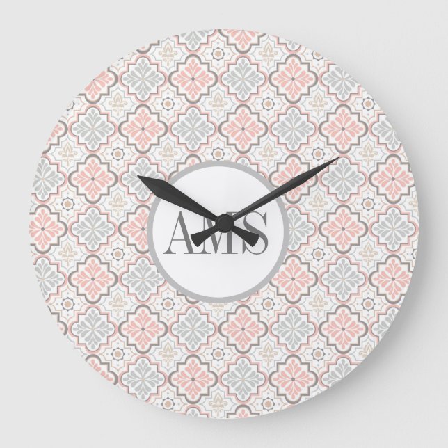 Moroccan Flowers Pattern Monogram   Large Clock (Front)