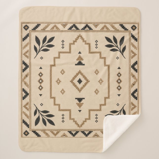 Moroccan Geometric Boho Beige Sherpa Blanket (Front)