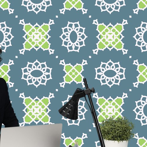 Moroccan Geometric Deep Blue Lime Green White 