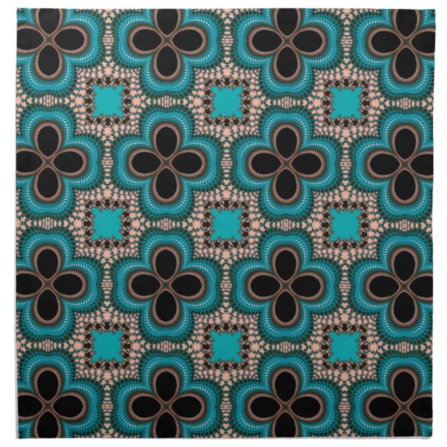 Moroccan Geometric Floral Pattern Teal Tan Black Napkin (Front)