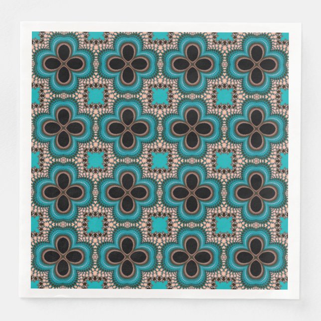 Moroccan Geometric Floral Pattern Teal Tan Black P Paper Dinner Napkins (Front)