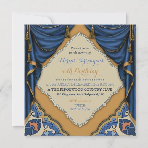 Moroccan Gold  Blue Satin Drapes Tassels Invitation