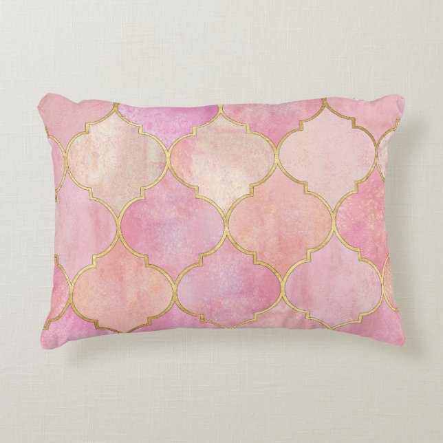 Moroccan Gold Line: Pink Watercolor Accent Pillow (Front)