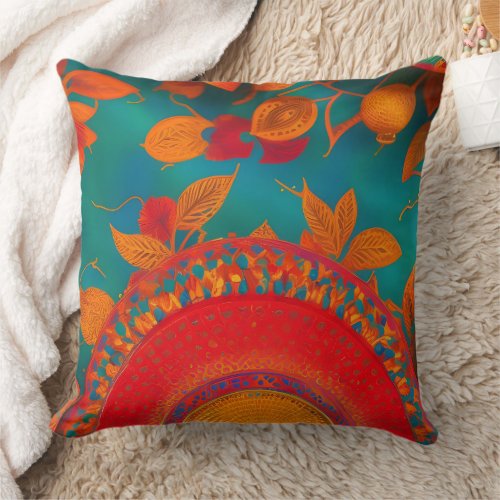 Moroccan gold red orange teal blue autumn leaves throw pillow