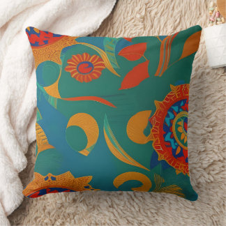 Moroccan gold red orange teal blue leaf Mandela Throw Pillow