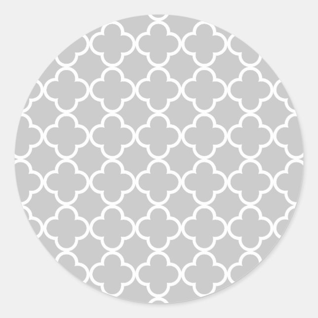 Moroccan Gray White Quatrefoil Pattern Classic Round Sticker (Front)