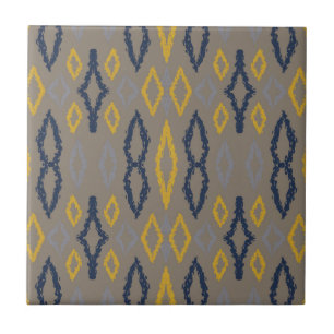 Moroccan Ikat Blue Yellow Gray Pattern Ceramic Tile