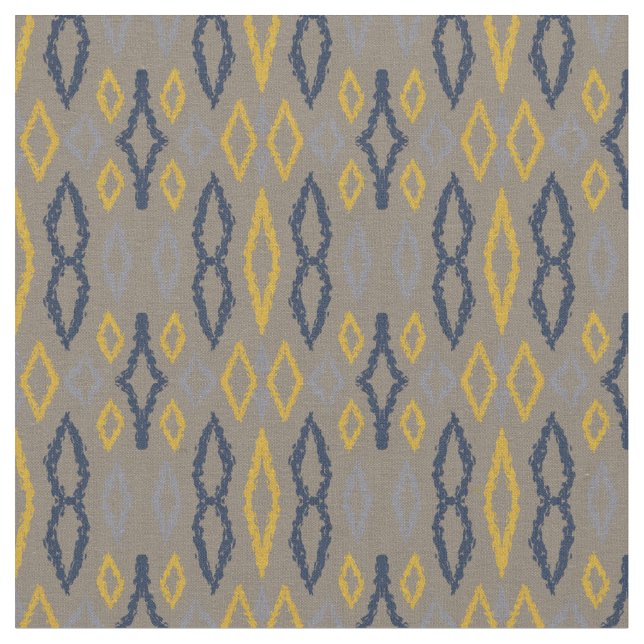 Moroccan Ikat Blue Yellow Gray Pattern  Fabric (Close Up)