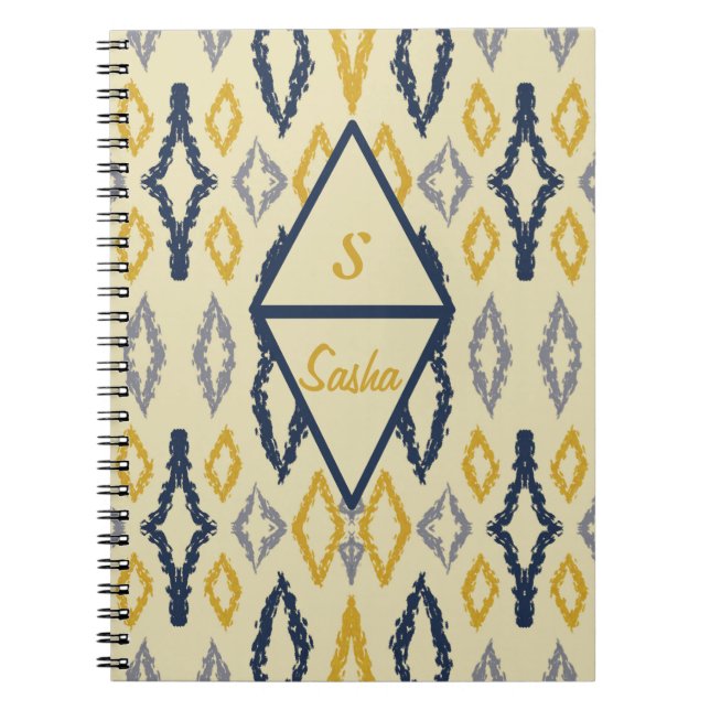 Moroccan Ikat Blue Yellow Personalized Notebook (Front)