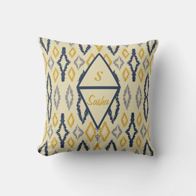 Moroccan Ikat Blue Yellow Personalized Throw Pillow (Front)