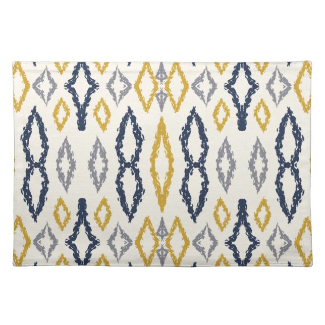 Moroccan Ikat Blue Yellow White Pattern Cloth Placemat (Front)