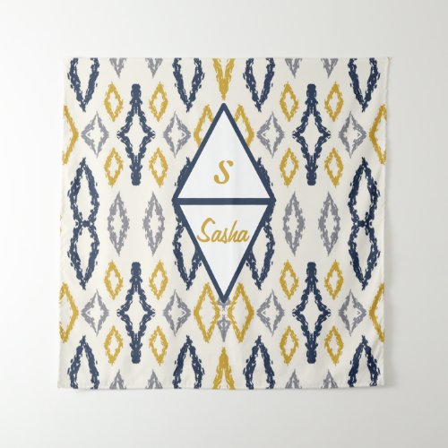 Moroccan Ikat Blue Yellow White Personalized  Tapestry