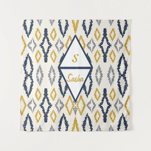 Moroccan Ikat Blue Yellow White Personalized  Tapestry (Front)